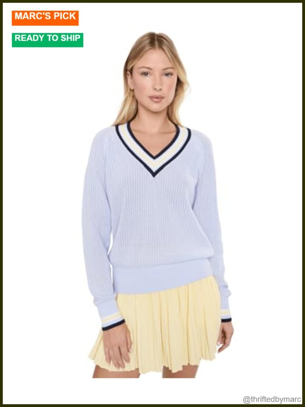Relaxed V-Neck Pullover Sweater with Ribbed Stripe Trim, Long Sleeve